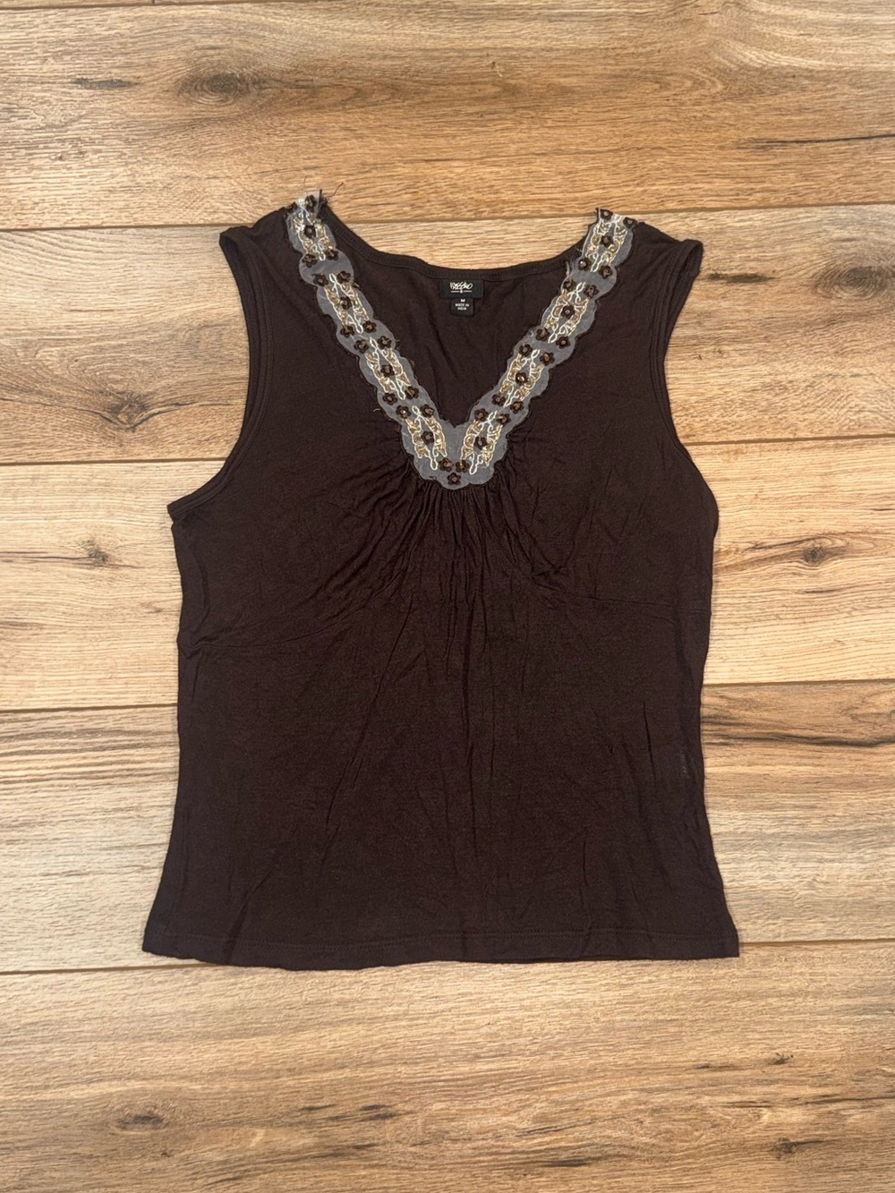 MOSSIMO Vintage 2000s Y2k Brown Lace Trim Embroidered Tank Top | Size Medium